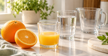 A small glass partly filled with orange juice beside a whole orange, an orange half, a glass of water and an empty clear jug.