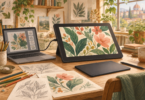 Conceptual illustration of a pen display connected to a laptop, a screenless tablet and botanical sketches on a sunlit desk.
