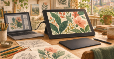 Conceptual illustration of a pen display connected to a laptop, a screenless tablet and botanical sketches on a sunlit desk.