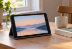 An unbranded compact tablet in a fabric stand displays a landscape beside a paperback and ceramic cup on a wooden table.