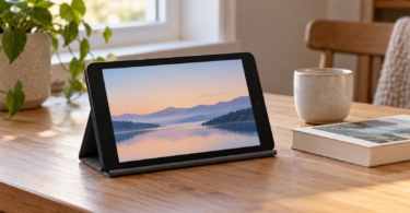 An unbranded compact tablet in a fabric stand displays a landscape beside a paperback and ceramic cup on a wooden table.