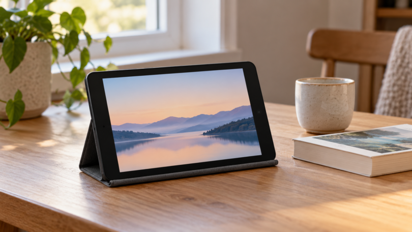 An unbranded compact tablet in a fabric stand displays a landscape beside a paperback and ceramic cup on a wooden table.