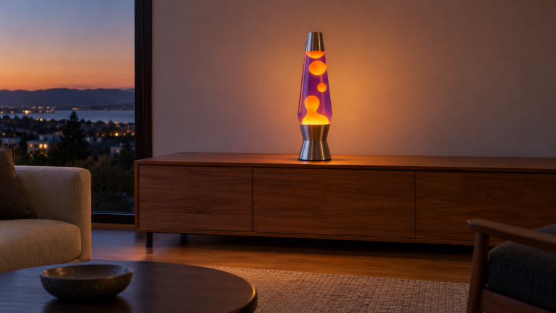 A tall unbranded lava-style lamp with amber wax and violet liquid on a clear wooden sideboard at dusk.