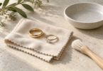 A gold band and diamond ring resting on a cream cloth beside a soft brush and empty ceramic dish.