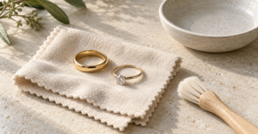 A gold band and diamond ring resting on a cream cloth beside a soft brush and empty ceramic dish.
