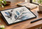 An unbranded tablet displaying a botanical sketch, with a digital pen beside it on a wooden desk.