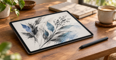 An unbranded tablet displaying a botanical sketch, with a digital pen beside it on a wooden desk.