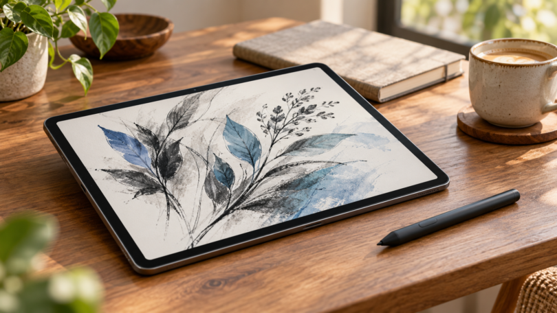 An unbranded tablet displaying a botanical sketch, with a digital pen beside it on a wooden desk.