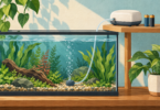 Conceptual illustration of an unbranded battery air pump on a dry shelf above a planted aquarium, with tubing leading to a bubbling airstone.