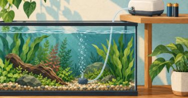 Conceptual illustration of an unbranded battery air pump on a dry shelf above a planted aquarium, with tubing leading to a bubbling airstone.