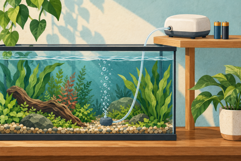 Conceptual illustration of an unbranded battery air pump on a dry shelf above a planted aquarium, with tubing leading to a bubbling airstone.