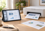 An unbranded tablet displaying a document beside a compact printer and printed color pages on a wooden desk.
