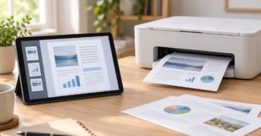 An unbranded tablet displaying a document beside a compact printer and printed color pages on a wooden desk.