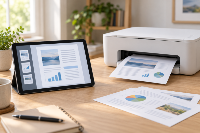 An unbranded tablet displaying a document beside a compact printer and printed color pages on a wooden desk.