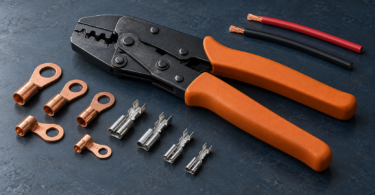 Generic orange-handled crimping tool beside copper ring lugs, silver contacts and disconnected red and black wire pieces on a dark workbench.