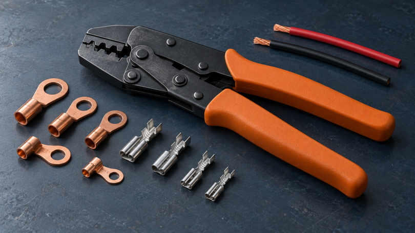 Generic orange-handled crimping tool beside copper ring lugs, silver contacts and disconnected red and black wire pieces on a dark workbench.