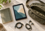 An unbranded compact black tablet beside an olive canvas bag, pocket notebook, coiled USB-C cable and wired earbuds on a light counter.