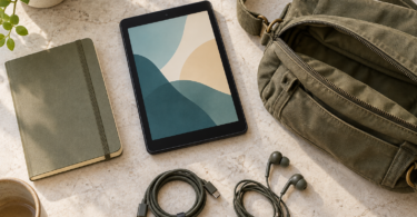An unbranded compact black tablet beside an olive canvas bag, pocket notebook, coiled USB-C cable and wired earbuds on a light counter.