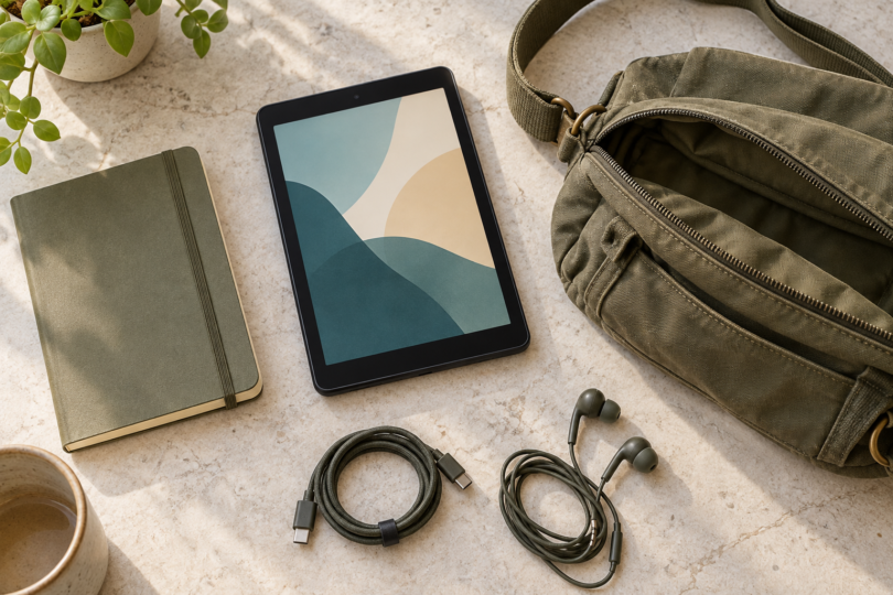 An unbranded compact black tablet beside an olive canvas bag, pocket notebook, coiled USB-C cable and wired earbuds on a light counter.
