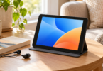 An unbranded compact tablet in a gray folio on a wooden table, with blue and orange wallpaper, a paperback and wired earbuds.