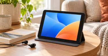 An unbranded compact tablet in a gray folio on a wooden table, with blue and orange wallpaper, a paperback and wired earbuds.
