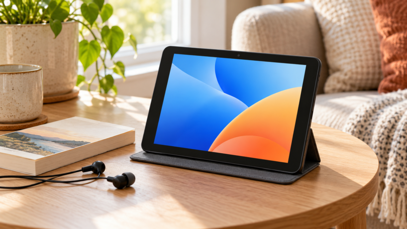 An unbranded compact tablet in a gray folio on a wooden table, with blue and orange wallpaper, a paperback and wired earbuds.