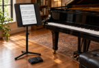 An unbranded portrait tablet displaying a page of music on a stand beside a grand piano, with a separate two-pedal page turner on the floor.