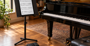 An unbranded portrait tablet displaying a page of music on a stand beside a grand piano, with a separate two-pedal page turner on the floor.