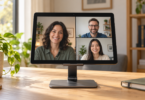 An unbranded landscape tablet on an adjustable desk stand showing three adults in a video call beside a plant and notebook.