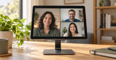An unbranded landscape tablet on an adjustable desk stand showing three adults in a video call beside a plant and notebook.