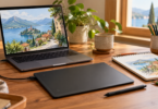 An unbranded screenless pen tablet and stylus beside a laptop showing landscape artwork, with a sketchbook and colored pencils on a desk.
