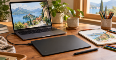 An unbranded screenless pen tablet and stylus beside a laptop showing landscape artwork, with a sketchbook and colored pencils on a desk.