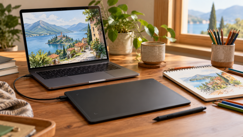 An unbranded screenless pen tablet and stylus beside a laptop showing landscape artwork, with a sketchbook and colored pencils on a desk.