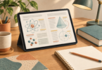 Conceptual illustration of an unbranded tablet showing textbook diagrams beside a notebook, pencil and desk lamp
