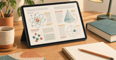 Conceptual illustration of an unbranded tablet showing textbook diagrams beside a notebook, pencil and desk lamp