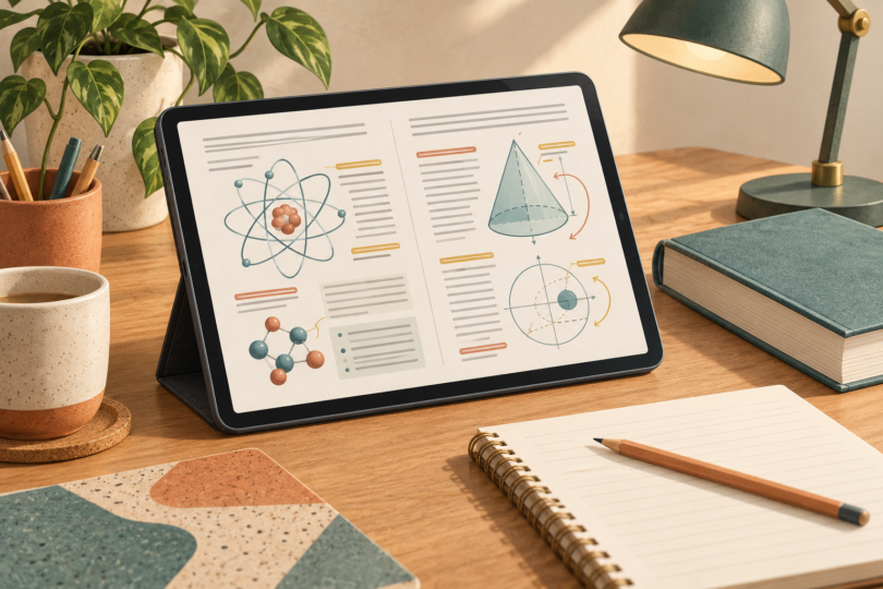 Conceptual illustration of an unbranded tablet showing textbook diagrams beside a notebook, pencil and desk lamp