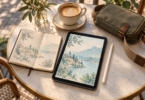 An unbranded compact tablet with a landscape sketch beside a stylus, small notebook, coffee and a shoulder bag on a cafe table.