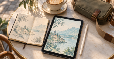 An unbranded compact tablet with a landscape sketch beside a stylus, small notebook, coffee and a shoulder bag on a cafe table.