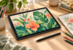 An unbranded standalone tablet showing green leaves and coral flowers, with a stylus, paper sketchbook and colored pencils on a sunlit desk.