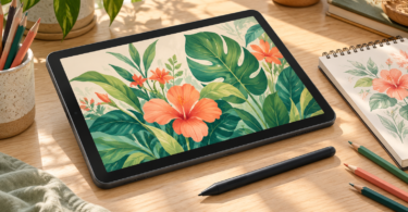An unbranded standalone tablet showing green leaves and coral flowers, with a stylus, paper sketchbook and colored pencils on a sunlit desk.