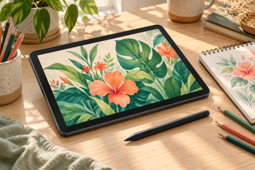 An unbranded standalone tablet showing green leaves and coral flowers, with a stylus, paper sketchbook and colored pencils on a sunlit desk.