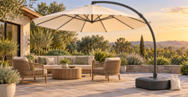 Conceptual illustration of a cream cantilever umbrella over patio seating, with an enclosed ballast base on level paving and an unbranded sand bag nearby.