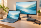 Conceptual illustration of an unbranded kickstand tablet, compact docking hub and external monitor on a desk