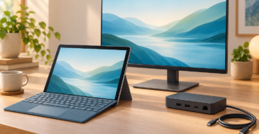 Conceptual illustration of an unbranded kickstand tablet, compact docking hub and external monitor on a desk