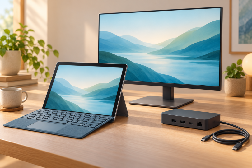 Conceptual illustration of an unbranded kickstand tablet, compact docking hub and external monitor on a desk