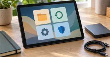 Unbranded tablet showing abstract folder, backup, settings and shield symbols on a desk beside a drive and notebook.