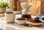 A mug of black coffee beside bowls of whole beans and ground coffee, with a pour-over carafe, blue towel and plain grocery bag on a sunlit kitchen counter.