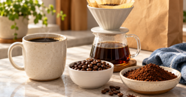 A mug of black coffee beside bowls of whole beans and ground coffee, with a pour-over carafe, blue towel and plain grocery bag on a sunlit kitchen counter.
