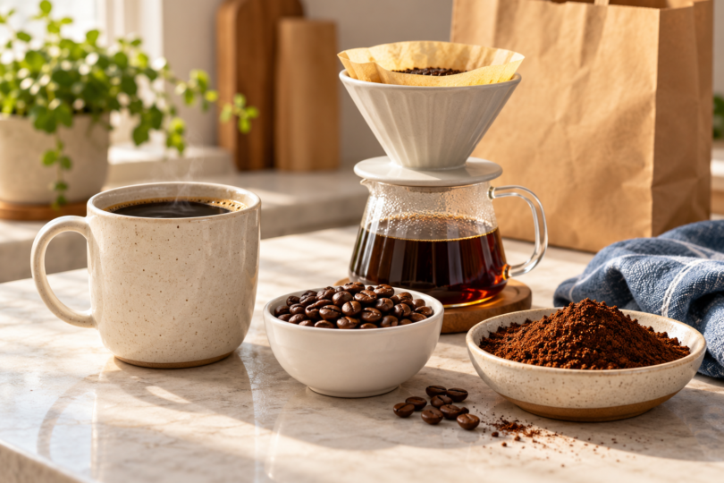 A mug of black coffee beside bowls of whole beans and ground coffee, with a pour-over carafe, blue towel and plain grocery bag on a sunlit kitchen counter.