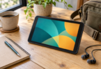 A small unbranded tablet with an abstract teal and yellow screen beside a notebook, earphones and a canvas bag on a wooden desk.